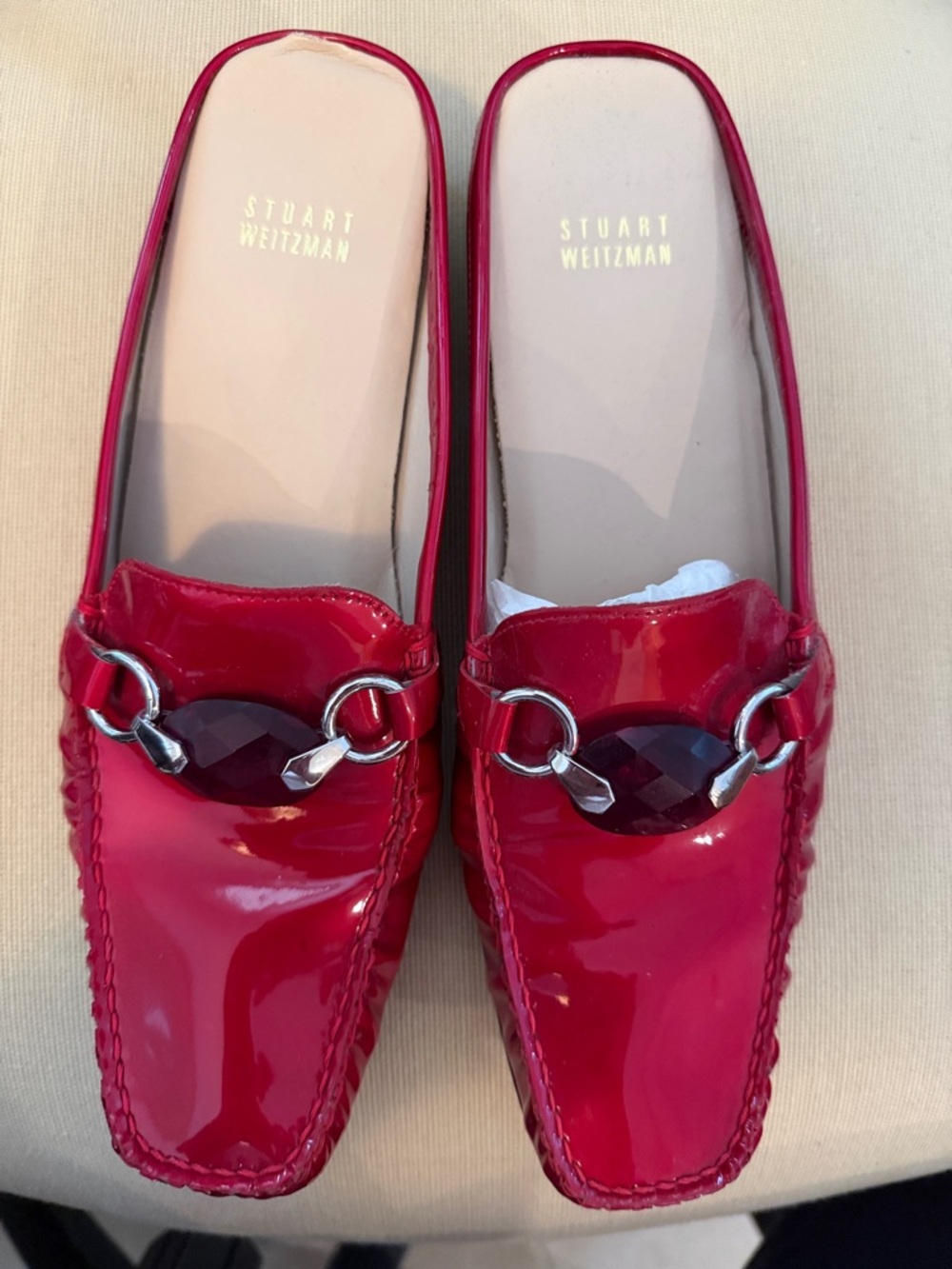 Stuart Weitzman Bright Red Patent Leather Loafers with Jewel Accent